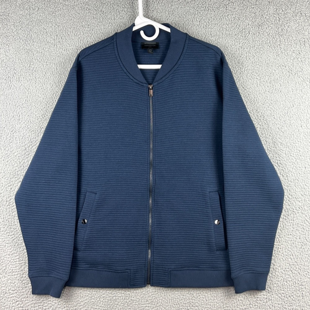 Magaschoni Jacket‎ Mens L Blue Full Zip Ribbed Knit Bomber Sweater Preppy Casual